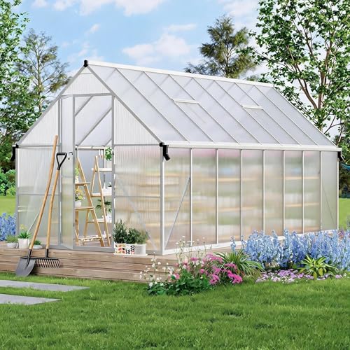 8x16 FT Greenhouse for Outdoors, Polycarbonate Greenhouse with Roof Vent, Lockable Door, Aluminum Walk-in Green Houses for Outside Garden Backyard, Sliver