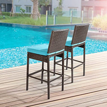 Outdoor Bar Stools Set of 4 with Backs Wicker Counter Height Bar Stools for Patio Armless Tall High Top Chairs for Outside with Footrest Cushion Blue All Weather Brown Rattan