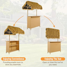 Outdoor Bar Set with PE Grass Canopy, Hawaiian-Style Acacia Wood Table and 4 Bar Stools with Adjustable Feet, Weather-Resistant Wicker, Patio, Backyard, Poolside, Dining and Drinking, Natural