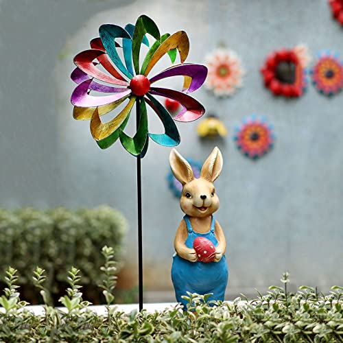 LFFH Metal Weather Vane, Outdoor Ironwork Flower Windmill Garden Spinner Bring A Rabbit Sculpture for Garden Decoration