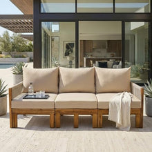 Merax Outdoor Daybed, Acacia Wood 3-Seat Patio Sofa Bed with Waterproof Cushions and Rope Woven Arms, Convertible Sleeper Couch with Pull-Out Function for Poolside, Backyard, Garden
