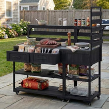 Merax 62.3'' Outdoor Mobile Kitchen Island on Wheels with Stainless Table Top, Outdoor Prep Cart Grill Table with Raised Shelf and Drawers for BBQ, Party, Black