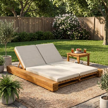 Christopher Knight Home Messo Double Chaise Lounge Outdoor with Cushion, Acacia Wood Patio Chaise Lounge Set of 2, Adjustable Backrest Poolside Sun Lounger, Solid Wood Sunbathing Chair, Teak+Beige