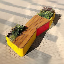 Bustards Outdoor Bench Outdoor Park Chair Geometric Planter Bench, Stainless Steel Flower Box with Solid Wood Seats, Sturdy Modern Square Leisure Bench Garden Bench
