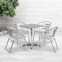 BOWERY HILL 5 Piece Stainless Steel Square Patio Bistro Set, Aluminum Silver Finish, Lightweight Durable Furniture, Indoor/Outdoor Use, Includes Table and 4 Stackable Chairs for Home or Commercial