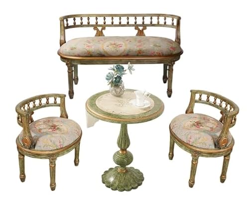 RFBXZPTADNU Distressed Green Solid Wood Bistro Table Chair Set, 3 Pieces Patio Balcony Furniture, Vintage Floral Upholstered Chatting Combination(F)