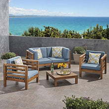 GDFStudio Outdoor 4 Seater Acacia Wood Loveseat Chat Set, Teak Finish and Blue