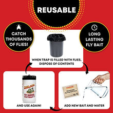 Flies Be Gone Outdoor Fly Traps 2-Pack Reusable – with 2 Dissolvable Fly Attractant Refill Packets & 2 Suspension Straps - Protein-Powered Attractant Catcher for Your Patios, Home and Commercial Use.