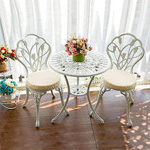 JKSVTF 3 Piece Bistro Set with Tulip Design - Cast Aluminum Outdoor Furniture Sets Weather Resistant Patio Table and Chairs with Umbrella Hole (White with Seat Cushion)