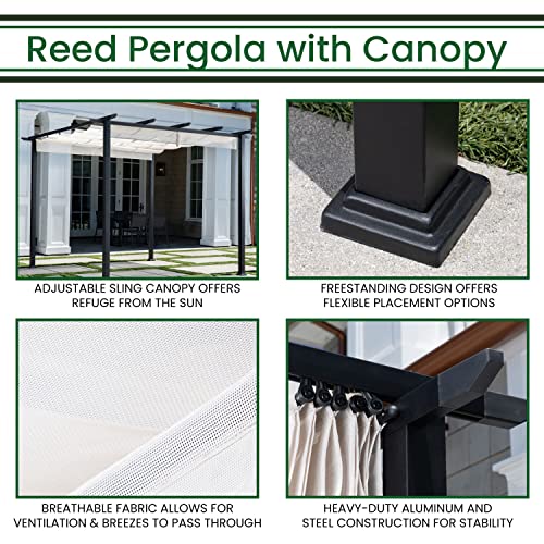 Hanover Reed Outdoor Pergola with Adjustable Sling Canopy Gray 9.8' x 9.8' x 7.6'
