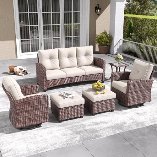 LayinSun 6 Pieces Patio Furniture Set with Swivel Chairs Brown/Beige