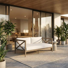 Outdoor Escape Gray Outdoor Patio Teak Loveseat with Cushioned Seat, Durable Wooden Frame, Ergonomic Backrest, Weather-Resistant Design for Garden, Porch