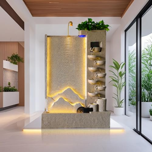 Retro Cement Water Fountain with Lighting, Mist & Waterwheel – 6.89ft Tall Indoor/Outdoor Decor for Garden, Entryway, Pool,Housewarming Gift(Right)