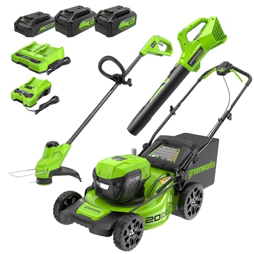 Greenworks 48V (2x24V) Electric Lawn Mower Combo Kit: 20"Steel Deck Push Mower, 12" String Trimmer, 320 CFM Blower, 3 Batteries & 2 Chargers, 3-Year Warranty.