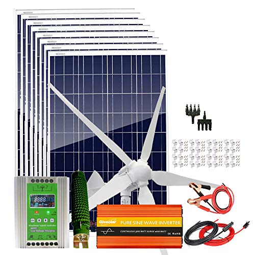 1800W 24V Wind Solar Kit with 2000W Power Inverter Off Grid System for Home：1000W Wind Turbine Generator + 8pcs 100W Poly Solar Panel + Hybrid MPPT Charge Controller + Accessory