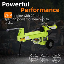 Fabsmurd Log Splitter Portable 20 Ton, Wood Splitter with 7HP Gas Engine, Auto Return, Horizontal Full Beam, Steel Wedge for Firewood, 2-Stage Hydraulic Pump, Easy Transport Wheelsn (Green)