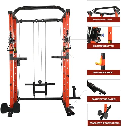 REDAEL Versatile Power Cage with LAT Pulldown, Weight Storage, and Optional Bench Orange+Black