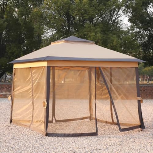 Dexinhdh Outdoor Metal Double Roof Gazebo, Pop Up Folding Canopy Tent, Easy Up Metal Outdoor Shelter with Gauze Curtain, 3 Speed Height Adjustment, for Lawn, Porch(Brown)
