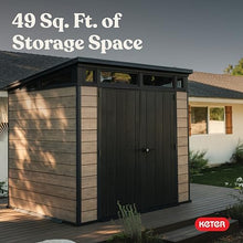Keter Signature Collection 7x7 Ft All-Weather Storage Shed with Skylight, Window, Built-in Ventilation, & Lockable Double Doors, Ashwood