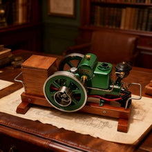 Horizontal Gasoline Internal Combustion Engine Model with Wooden Display Stand and Ignition System, Japanese Retro Industrial Mechanical Collectible -1100