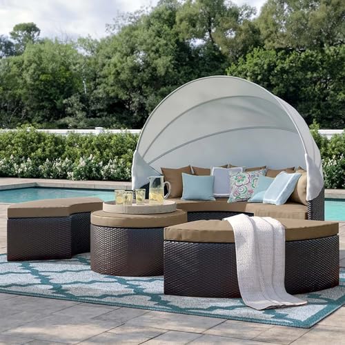 Modway Convene Wicker Rattan Outdoor Patio Retractable Canopy Round Poolside Sectional Sofa Daybed with Cushions in Espresso Mocha