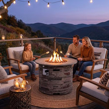 COSIEST Outdoor Propane Concrete Fire Pit Table w Imitation Stone Surface 32-inch Round Fire Table, Certified, 40,000 BTU Stainless Steel Burner, Free Lava Rocks, Fits 20lb Tank Inside