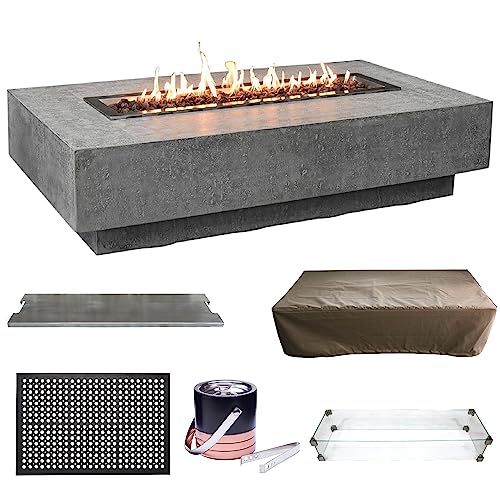 Elementi Hampton Fire Pit Bundle Outdoor Firepit Set Includes 56” Natural Gas Concrete Table, Glass Windscreen, Stainless Steel Cover, Canvas Floor Mat, Ice Bucket, - + All Accessories