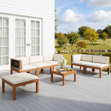 Devoko 7 Piece Acacia Wood Patio Sofa, Outdoor Sectional Coach and Love Seat with Coffee Table, Acacia Wood Patio Furniture Set for Balcony,Porch,Garden