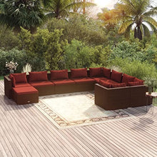 KPOUTRFG 10-Piece Garden Lounge Set with Removable Cushions in Brown and Cinnamon Red for Patio Seating, Weather-Resistant PE Rattan Outdoor Furniture