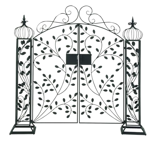 Deco 79 Metal Indoor Outdoor Scrollwork Arched Gate Garden Arbor with Vines and Latch Lock Closure, 70" x 15" x 65", Black