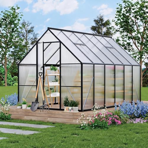8x14 FT Greenhouse for Outdoors, Polycarbonate Greenhouse with Roof Vent, Lockable Door, Aluminum Walk-in Green Houses for Outside Garden Backyard, Black