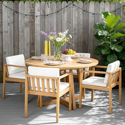 Christopher Knight Home Rapto Outdoor Dining Chairs Set of 4, Acacia Wood Frame Dining Chair, Accent Chair Set with Comfortable Cushions, Patio Armchair for Backyard Poolside Garden, Beige+Light Teak