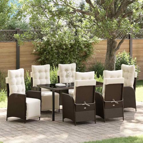 Brown 7-Piece Outdoor Dining Set with Cushions, Adjustable Poly Rattan Patio Furniture Set for Garden, Backyard, Includes Table & 6 Chairs with Tempered Glass Top and Weather-Resistant Design