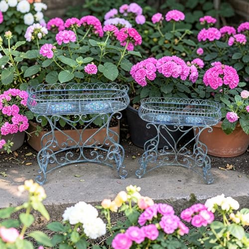 Zaer Ltd. San Marino Set of 2 Oval Mosaic Metal Plant Stands Turin (Blue)
