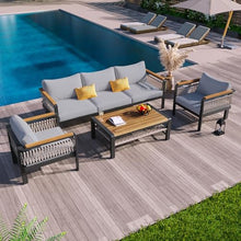VilroCaz 4 Pieces Outdoor Sectional Sofa Set, All-Weather Patio Seating Group Cnversation Set with Cushions and Coffee Table for Patios Gardens Balcony, Sturdy Steel Frame (Grey+Metal & Wood)