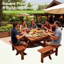 AMZXPLORE Square Picnic Table, 6-8 Person Picnic Table Outdoor Dining Table with Umbrella Hole and 4 Built-in Benches, Waterproof Wooden Dining Tables Set for Garden, Backyard, Porch and Deck