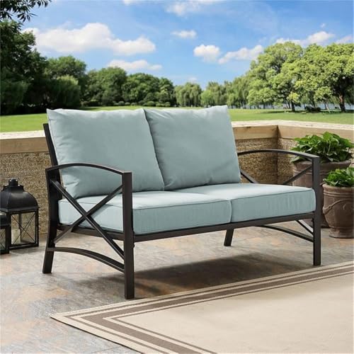 Afuera Living Metal/Fabric Patio Loveseat, Mist Green Cushions and Black Finish, 54" W x 30.5" D x 32" H, Weatherproof Steel Frame, UV/Fade-Proof Cushions, Outdoor Balcony or Porch Seating, Seats 2