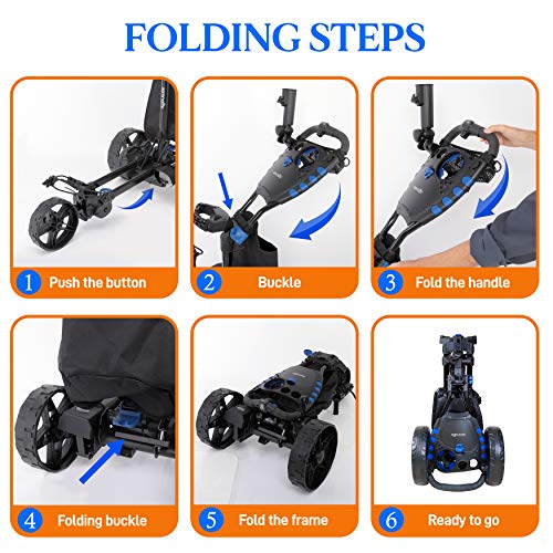 SereneLife 3-Wheel Electric Golf Push Cart - Rechargeable Lightweight Folding Walking Push Cart Roller Golf Bag Holder with Foot Brake, Upper/Lower Bracket with Elastic Strap, Umbrella Holder Assorted