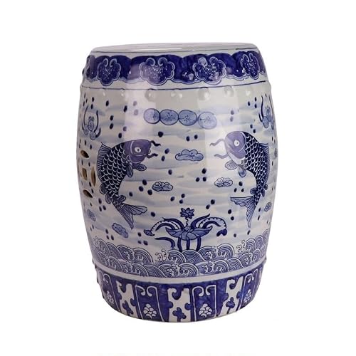 JOYNOW Ceramic Garden Stool Decorative Garden Stools Celadon Ceramic Drum Stool Hand-Painted Fish Algae Plume Stool Seating Pier Decorative Cooler Stool Shoeshine Stool Garden Stool Ceramic