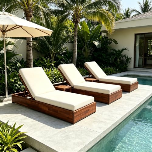 Christopher Knight Home Bayard Set of 3 Acacia Wood Chaise Lounge Chair Outdoor with 4-Thick Cushion, 5-Position Adjustable Backrest Sun Lounger Recliner, Patio Sun Bathing Lounge Chair, Brown+Cream