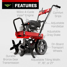 Earthquake Badger Front Tine Tiller, Powerful 160cc 4-Cycle Viper Engine, Two-Position Wheel Assembly, Adjustable Tilling Width Up to 21 Inches, Model: 41080, Red/Black
