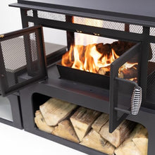Deko Living 70 Inch Rectangular Outdoor Steel Woodburning Fireplace with Side Tables - Integrated Log Storage and Log Poker
