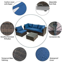 6PCS Patio Furniture Set Rattan Cushioned Sofa Gas Fire Pit Table Navy