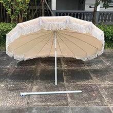 LumaGrove 220cm Fringed Beach Umbrella with Tilt, Portable Outdoor Patio Umbrella with 18 Ribs, Steel Pole, Round Sun Shade
