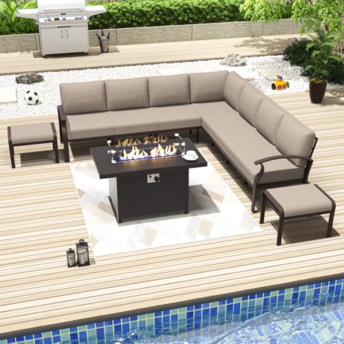 Kurapika 8-Piece Aluminum Patio Furniture Set with Propane Fire Pit Table, Modern Outdoor Sectional Sofa, Sand