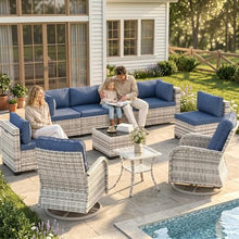 Sweecci 10-Piece Modern Patio Furniture Set with Swivel Chairs, Thick Cushions, Dual-Strand Wicker Rattan, Rust-Resistant Frame, Navy Blue