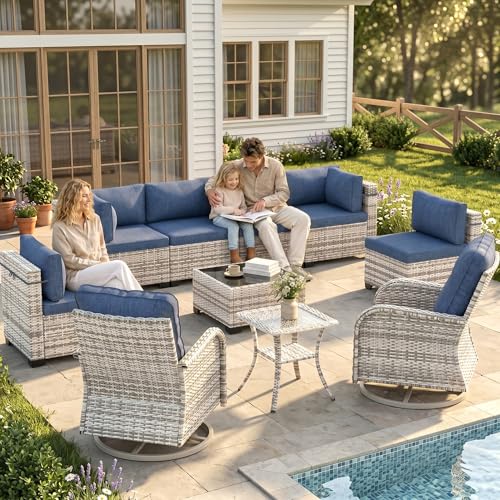 Sweecci 10-Piece Modern Patio Furniture Set with Swivel Chairs, Thick Cushions, Dual-Strand Wicker Rattan, Rust-Resistant Frame, Navy Blue