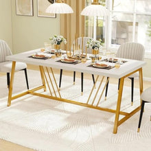 FURUIM2024M Dining Table 70.3 Inch Large Modern Dining Table for 6-8 People Rectangular Kitchen Table Faux Marble Top and Gold Geometric Metal Legs Table and Chairs Dining