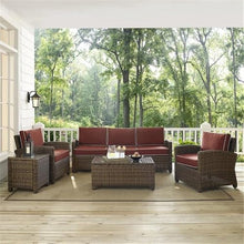 Pemberly Row 5 Piece Wicker Patio Sofa Set, Brown Finish with Sangria Cushions, Steel Frame, All-Weather Resin Wicker, Includes Sofa, 2 Chairs, Coffee Table, Side Table, UV Resistant Outdoor