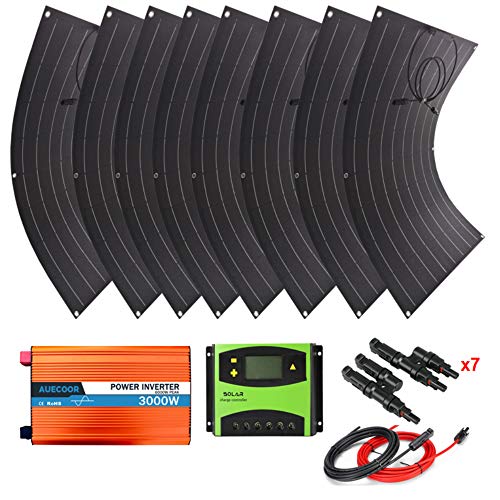 AUECOOR 800W (8pcs 100 Watt) Flexible Solar Panel Kit with 3000W Pure Sine Wave Inverter for for RV, Boat, Cabin,Trailer, Other Off Grid Applications12/24 Volt Battery Systems
